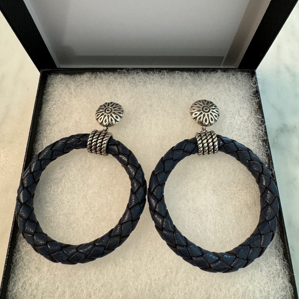 American West Navy Braided Leather, Sterling Silver Circle Dangle Earrings